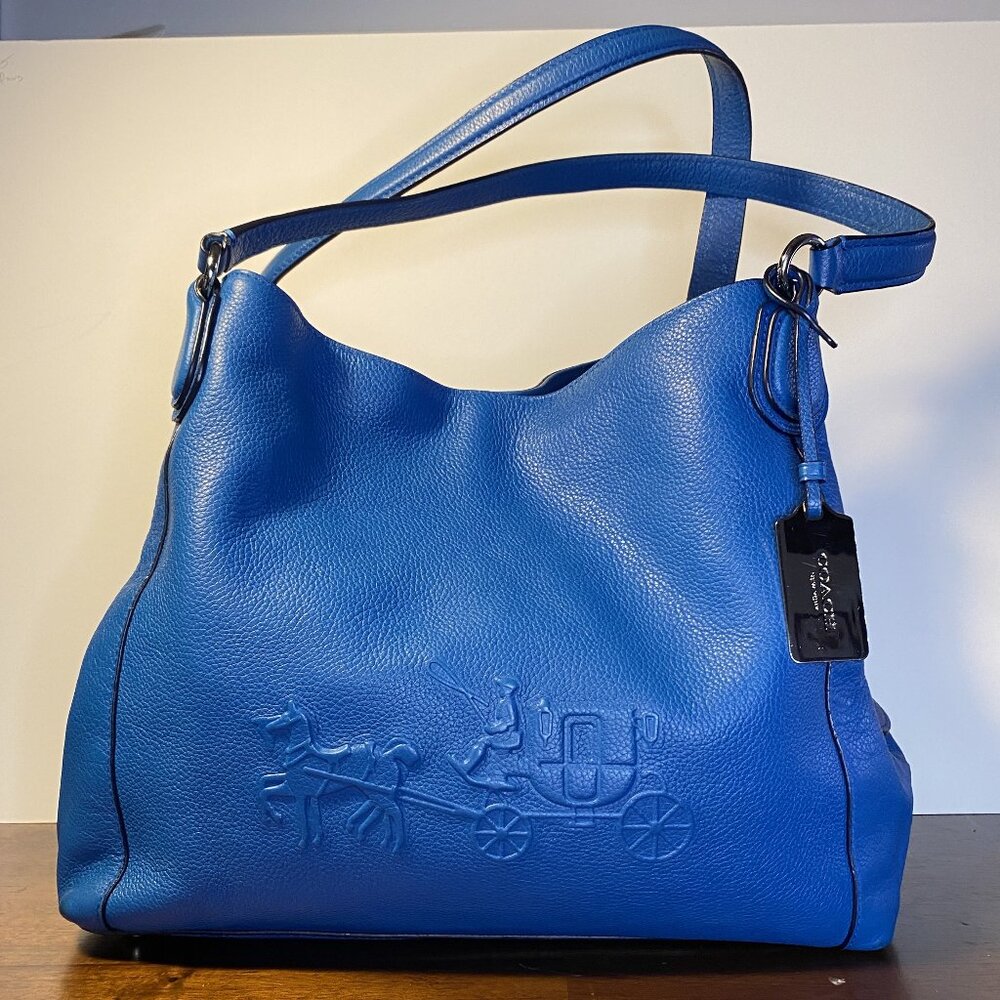 Coach Edie 31 36465 Blue Pebble Leather Embossed Horse & Carriage Shoulder Bag